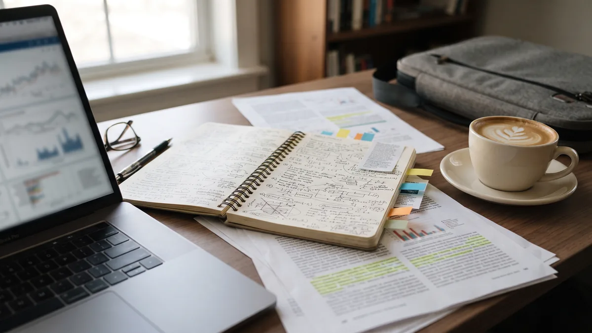 Open notebook with handwritten research notes, reference printouts and a cup of flat white coffee