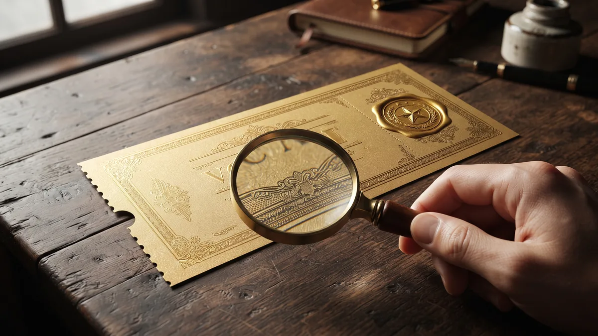 Golden voucher ticket with a star seal under a magnifying glass held over its fine print