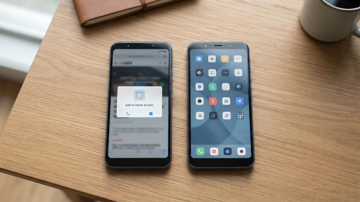 Two smartphones on a desk, one showing an add-to-home-screen dialog and the other a finished shortcut icon