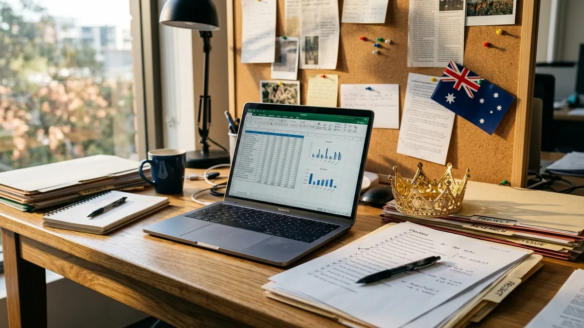 Research desk with a laptop, printed checklists and a golden crown paperweight beside an Australian flag pin