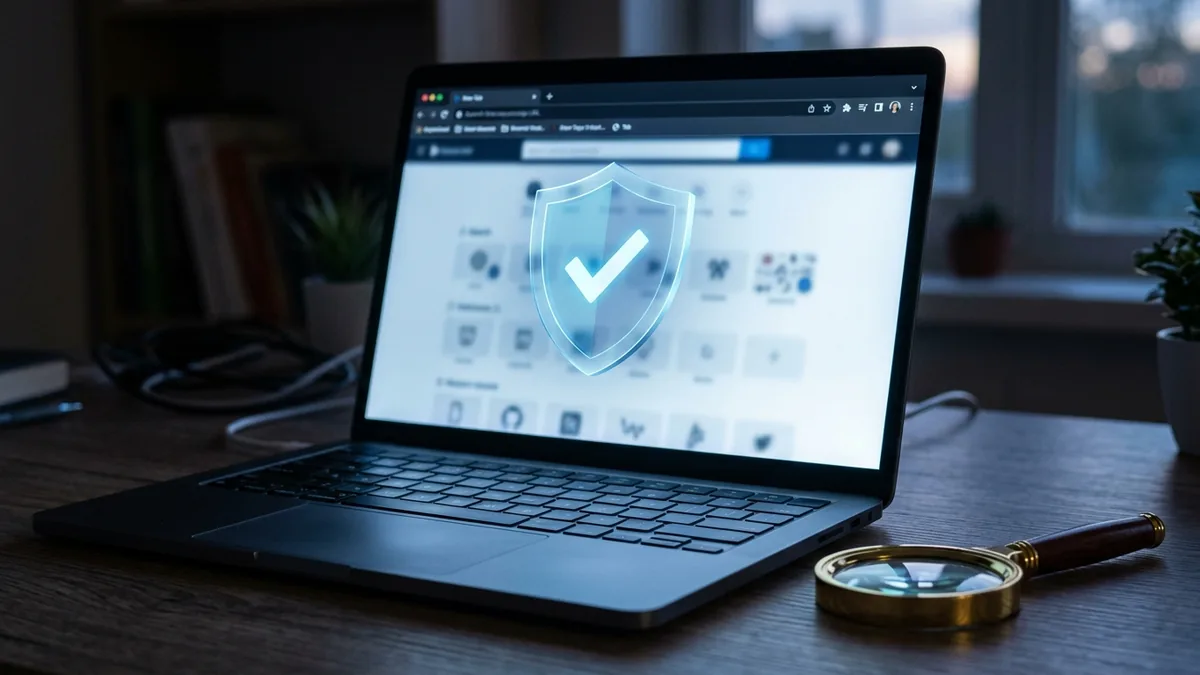 Laptop browser window overlaid with a shield and checkmark icon, magnifying glass on the desk beside it