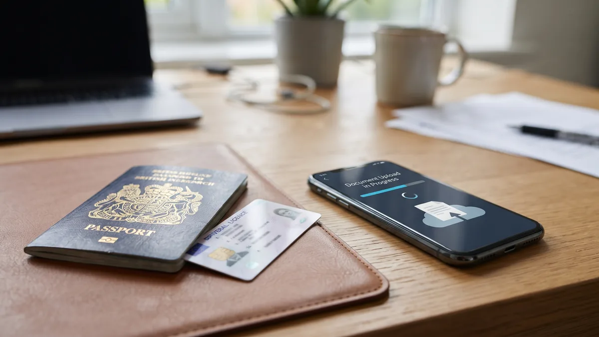 Passport and driver licence beside a smartphone showing a document upload screen