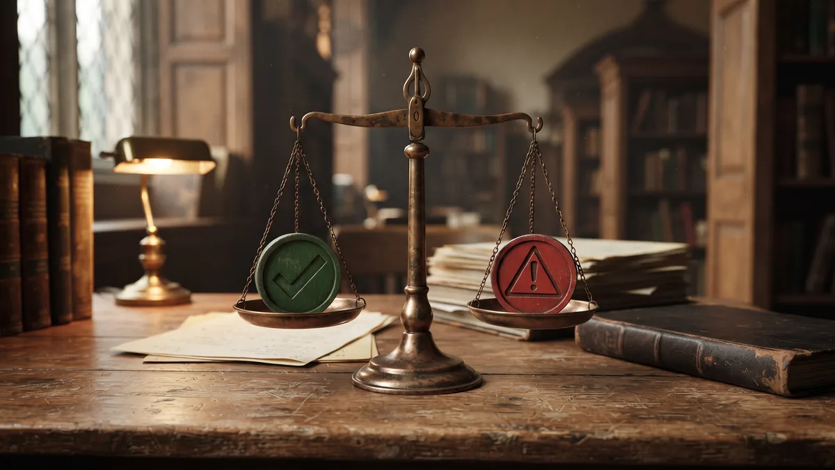 Bronze balance scales weighing a green checkmark token against a red warning triangle token over documents