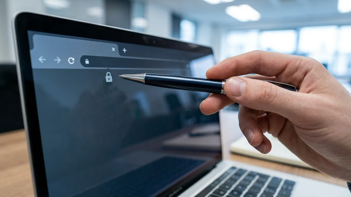 Browser address bar showing a padlock icon with a pen pointing at the domain name