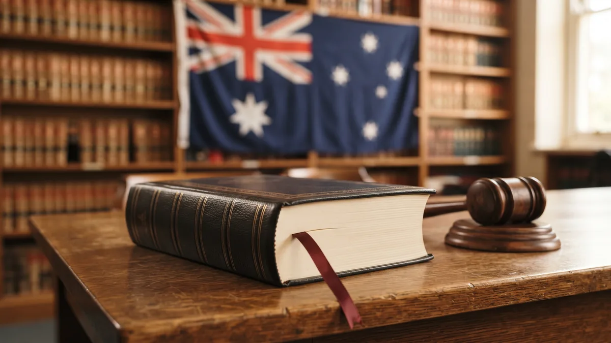 Legal statute book with a ribbon bookmark and a wooden gavel, Australian flag out of focus behind
