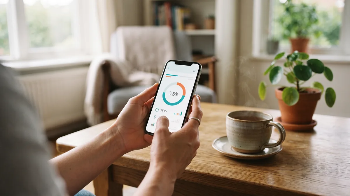 Hands holding a smartphone showing a weekly time and budget limit app with a progress ring